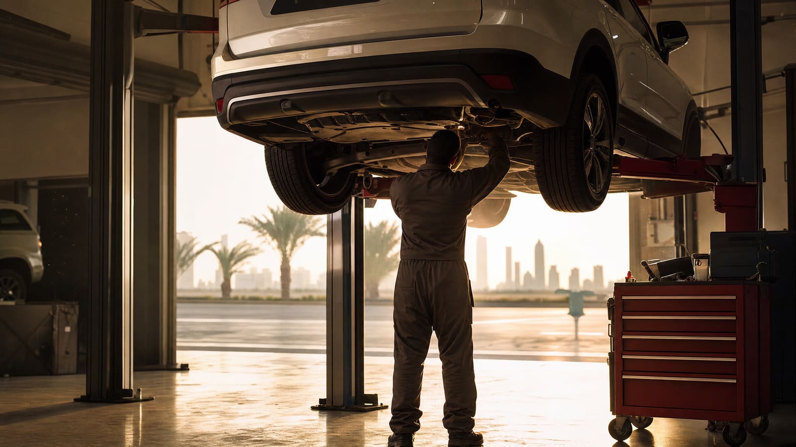 Technician working under the open bonnet of a car in a clean, well-lit workshop