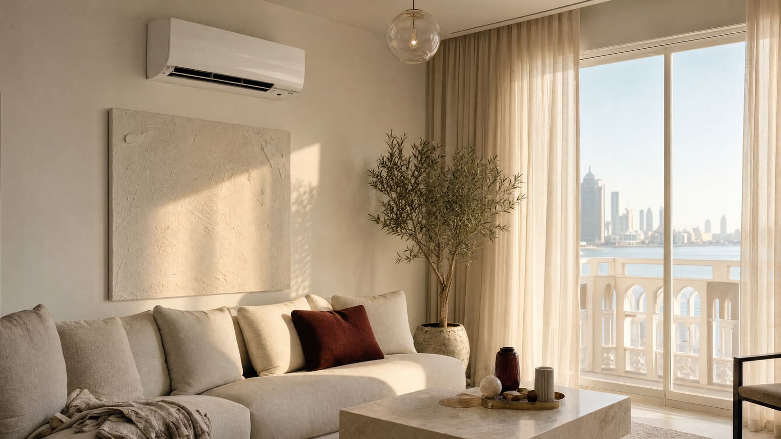 Bright modern living room with a wall-mounted air conditioner and warm afternoon light